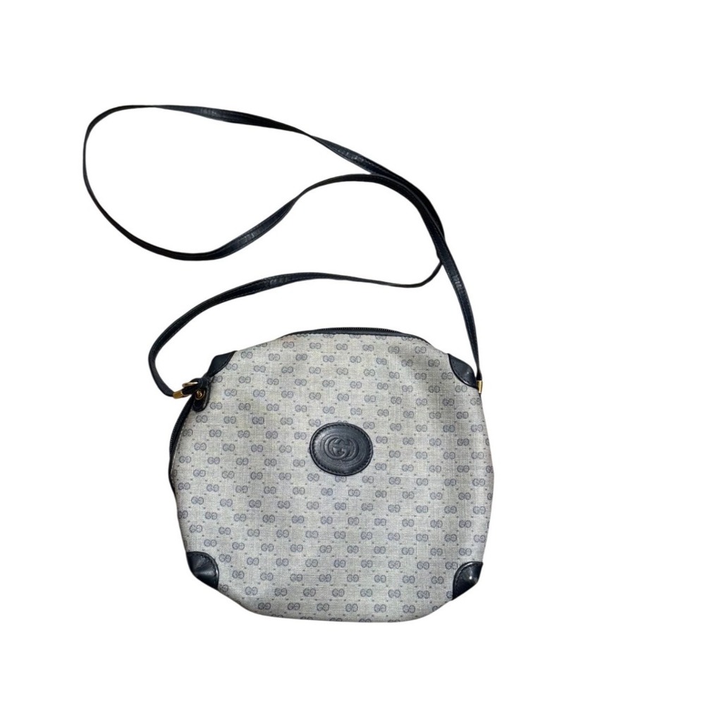 Vintage Gucci GG Plus Monogram Crossbody Bag Grey Navy Blue Coated Canvas Round